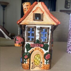 Ceramic Mini Hotel Figurine in White, Brown & Terracotta